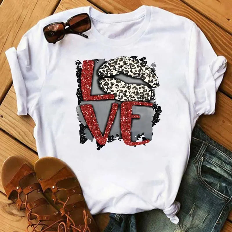 Women's Leopard Lips Graphic T-Shirt - Sexy Pink Kiss Print O-Neck Casual Tee Funny Animal Print Top